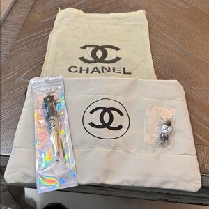 CHANEL Cream Quilted Pouch With Pen, Keychain, Ribbon, & Dust Bag